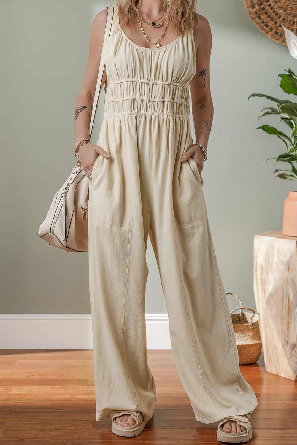 Wide-Leg Cotton Pantsuit with Back Tie and Ruched Detail | Jumpsuits & Rompers