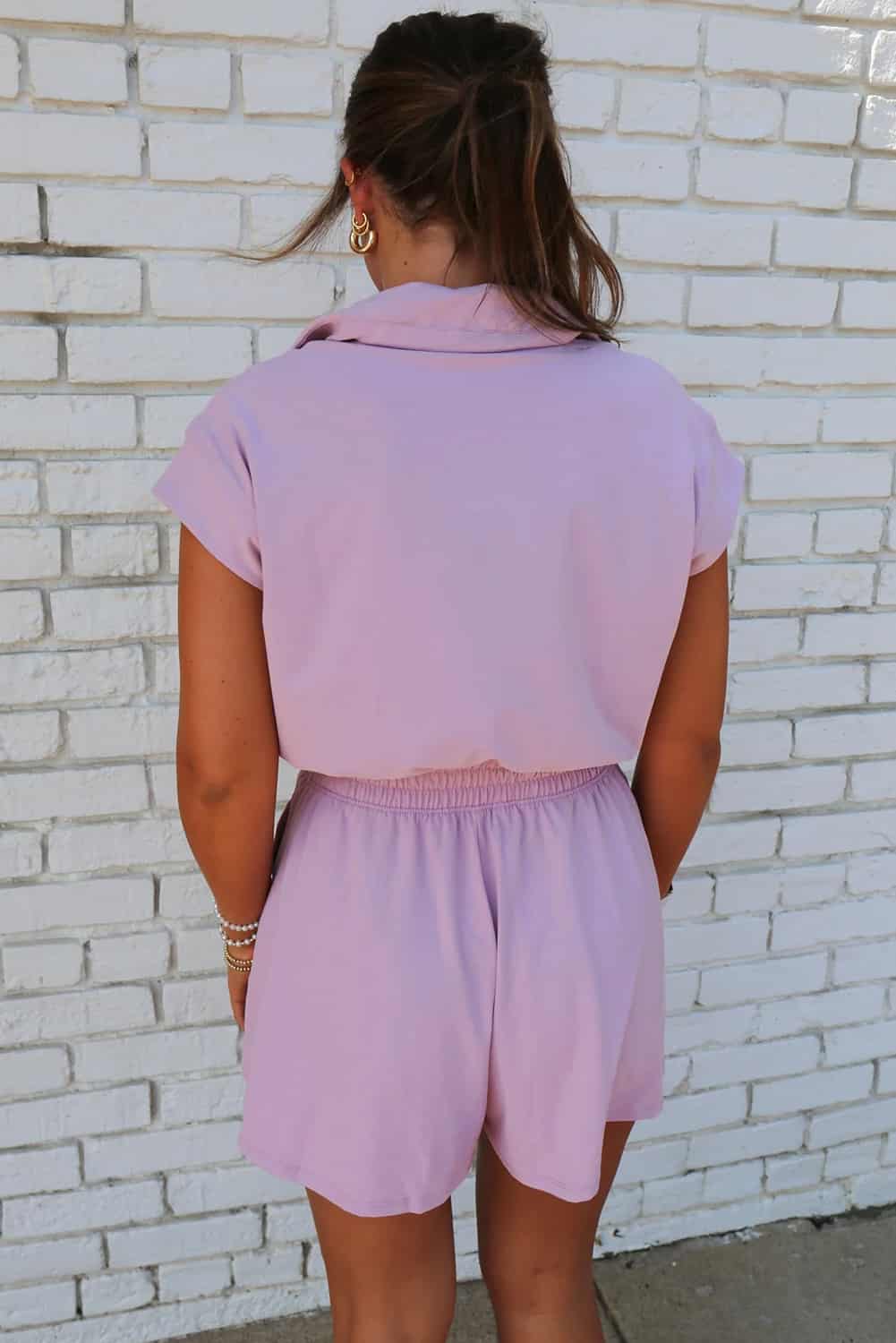 Cap Sleeve Romper in Lilac with Polo Collar and Elastic Waist | Jumpsuits & Rompers