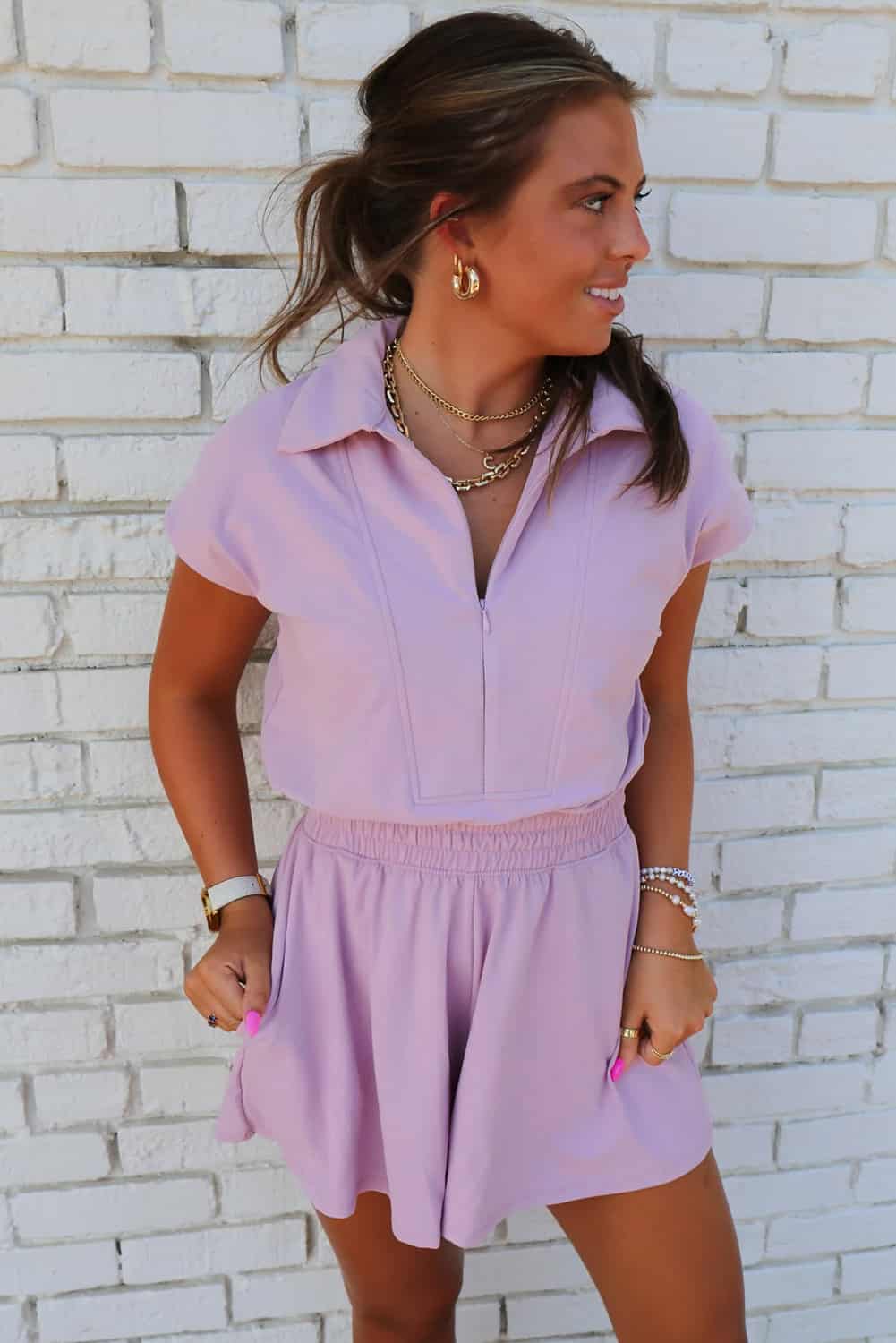 Cap Sleeve Romper in Lilac with Polo Collar and Elastic Waist | Jumpsuits & Rompers