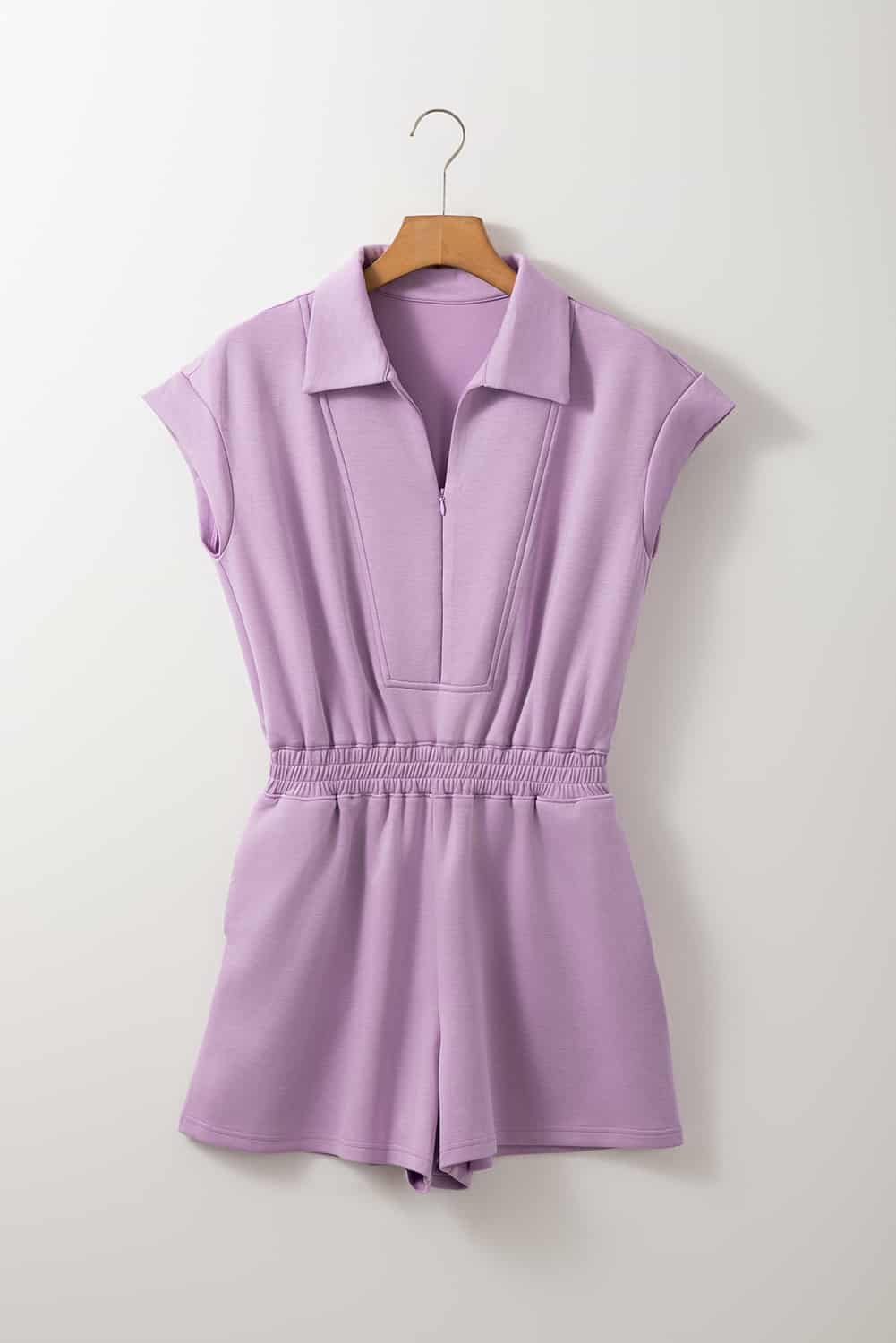 Cap Sleeve Romper in Lilac with Polo Collar and Elastic Waist | Jumpsuits & Rompers