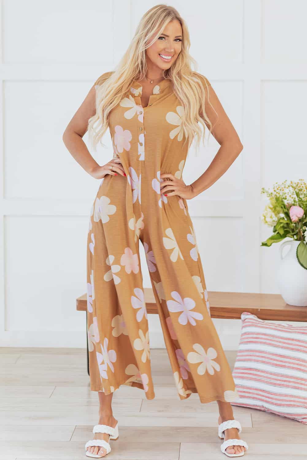 Casual Floral Wide-Leg Romper with Button Front | Jumpsuits & Rompers