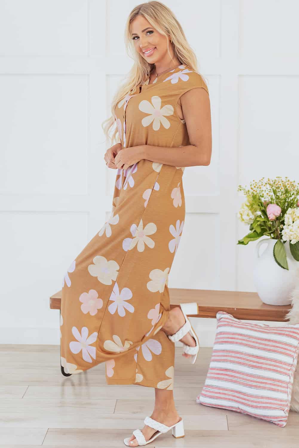 Casual Floral Wide-Leg Romper with Button Front | Jumpsuits & Rompers