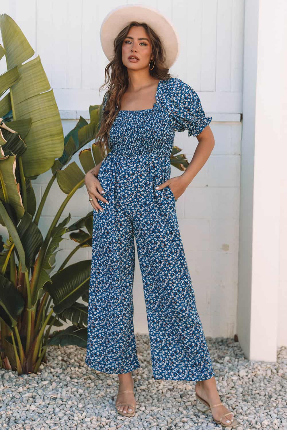 Floral Wide-Leg Jumpsuit with Puff Sleeves & Open Back | Jumpsuits & Rompers