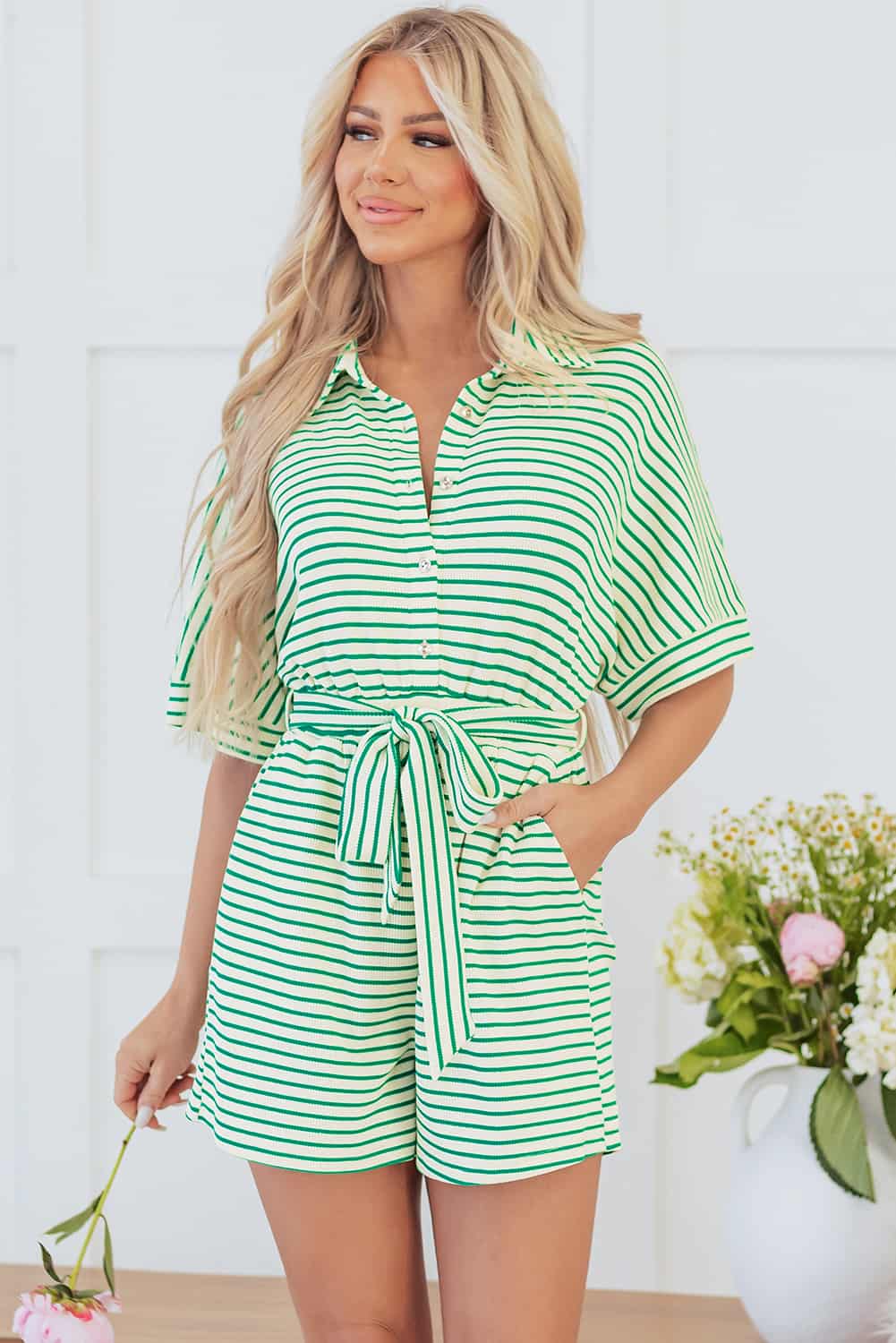Women’s Casual Green Stripe Tie Waist Romper | Jumpsuits & Rompers