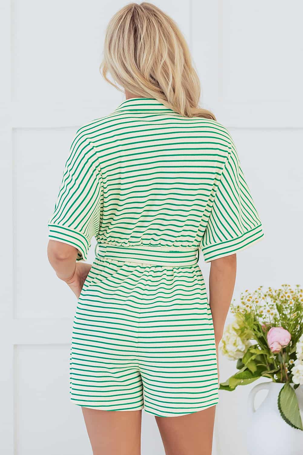 Women’s Casual Green Stripe Tie Waist Romper | Jumpsuits & Rompers