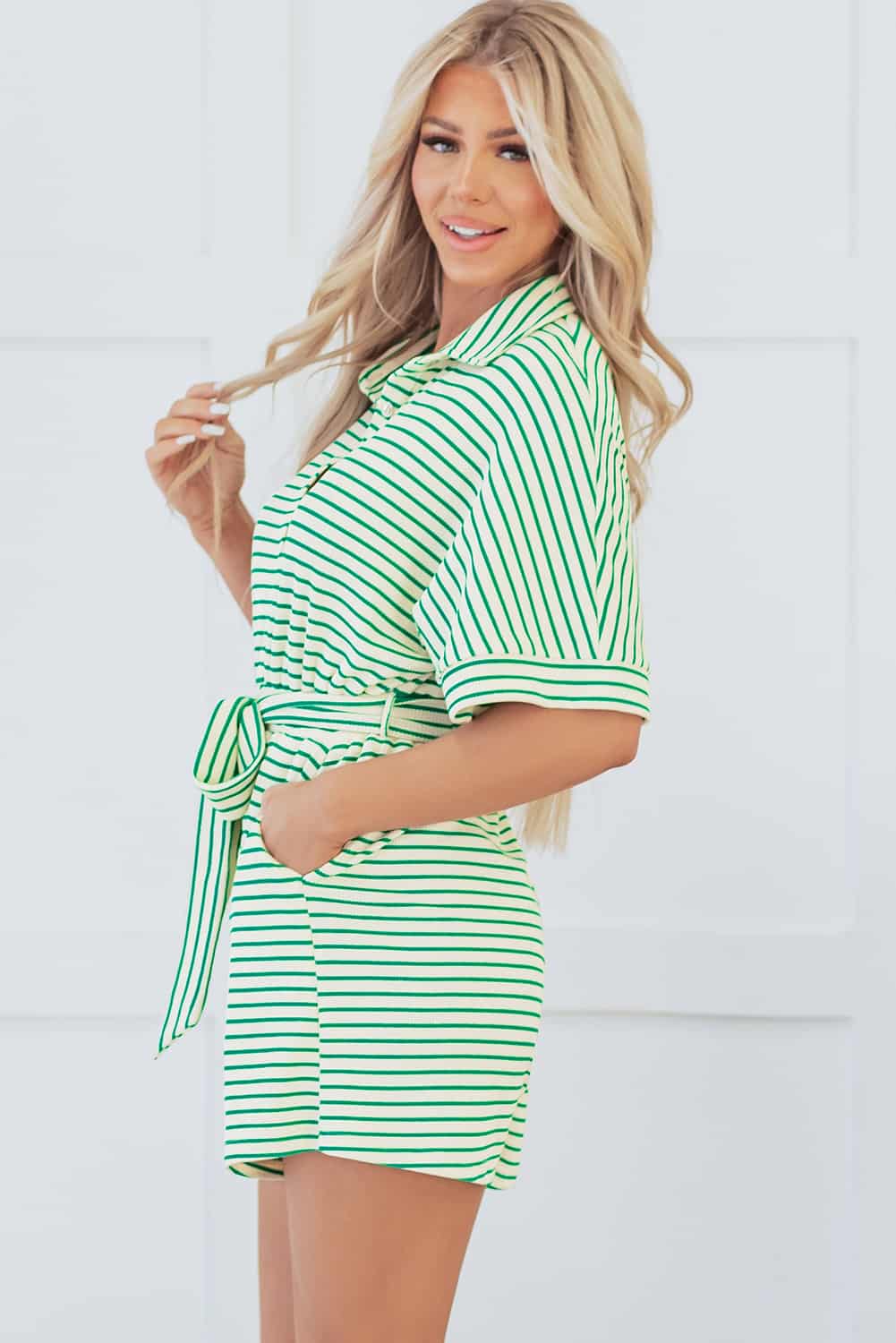 Women’s Casual Green Stripe Tie Waist Romper | Jumpsuits & Rompers