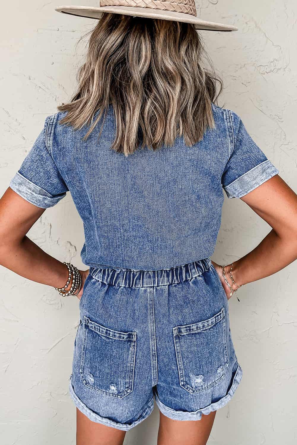 Casual Denim Romper with Cinched Waist and Utility Pockets | Jumpsuits & Rompers