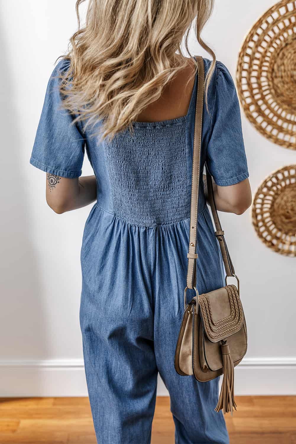 Wide-Leg Denim Cotton Jumpsuit with V-Neck | Jumpsuits & Rompers
