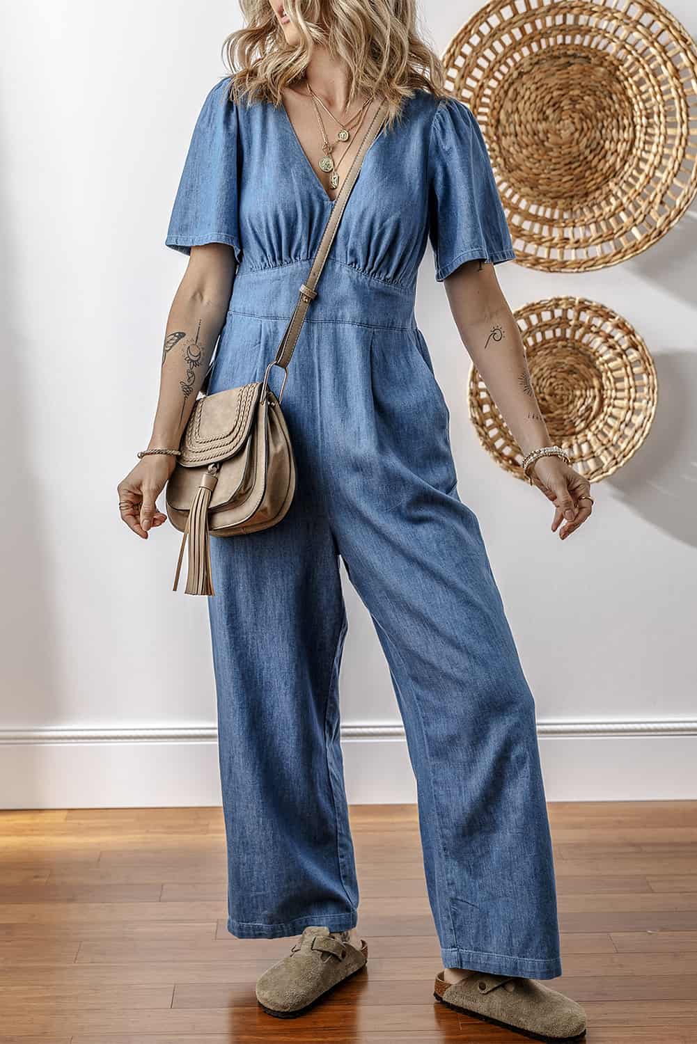 Wide-Leg Denim Cotton Jumpsuit with V-Neck | Jumpsuits & Rompers