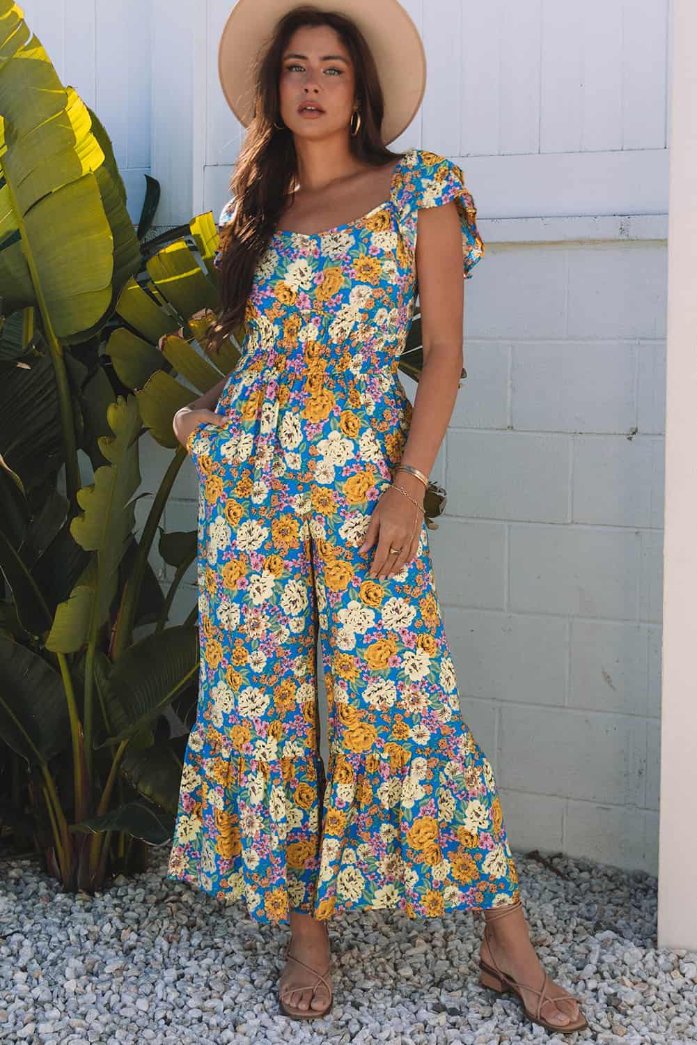 Floral Wide-Leg Summer Jumpsuit with Ruffle Sleeves and Cut-Out | Jumpsuits & Rompers