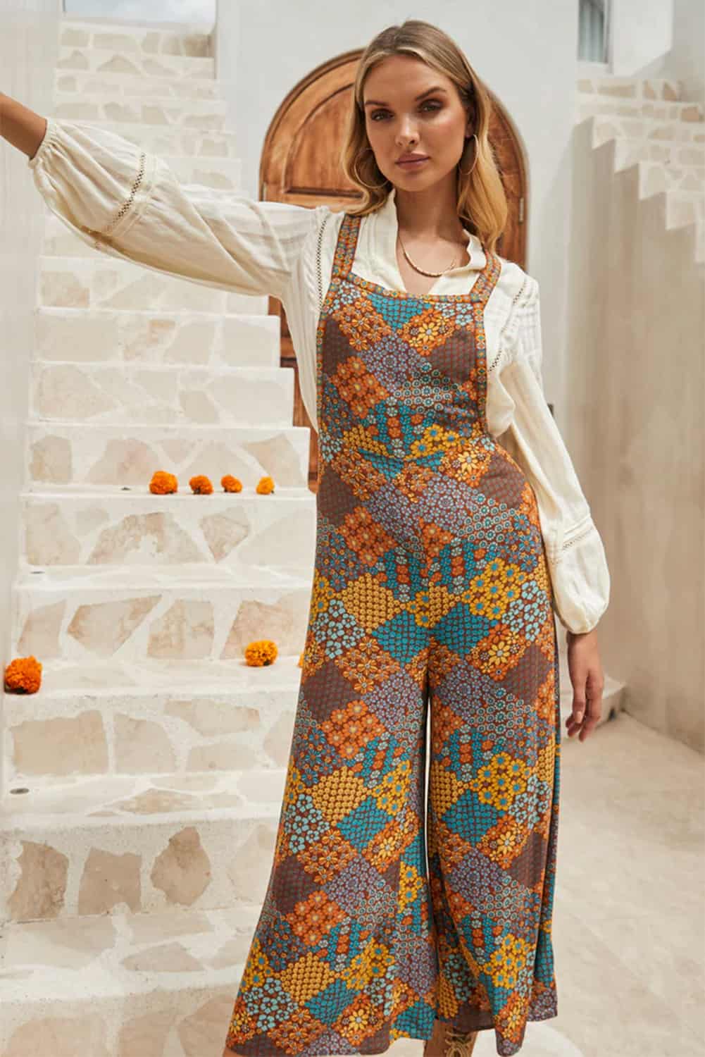 Women's Boho Floral Jumpsuit with Bib Front and Cross Straps | Jumpsuits & Rompers
