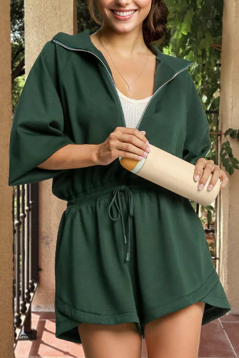 Zip-Up Long Sleeve Romper with High Collar – Fall Lounge Essential | Jumpsuits & Rompers