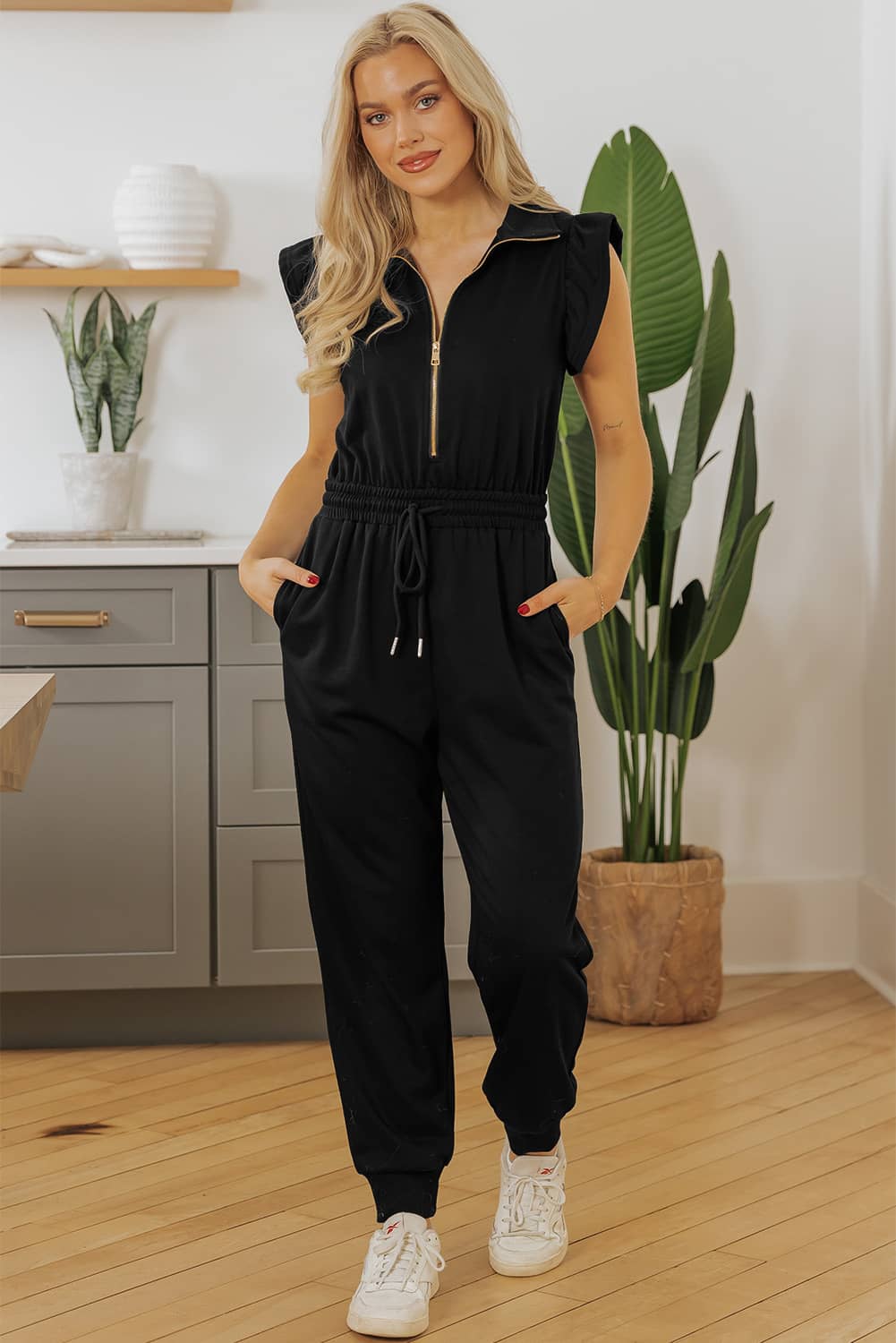 Casual Black Flutter Sleeve Jumpsuit with Zipper and Drawstring Waist | Jumpsuits & Rompers