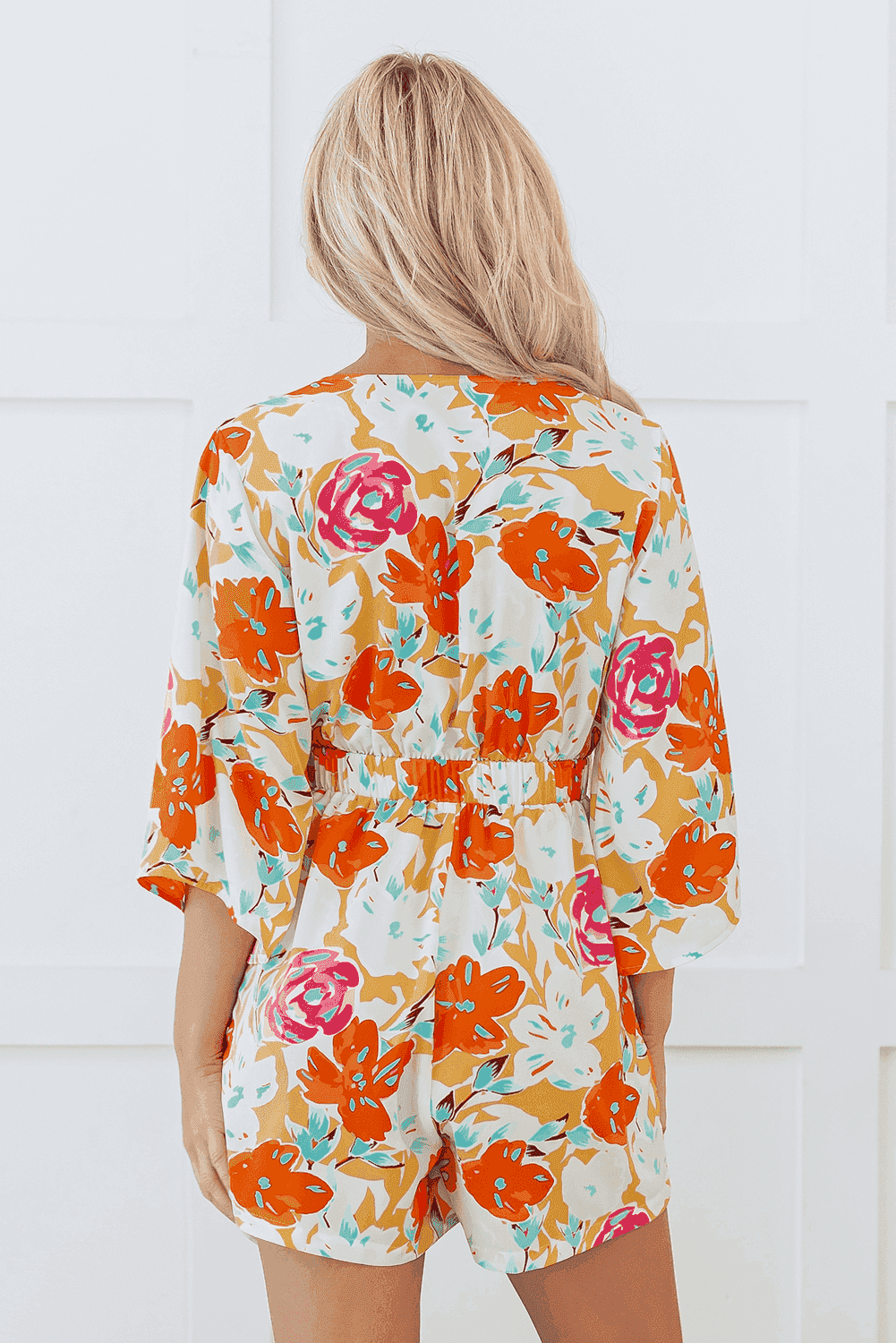 Colorful Vacation Romper with Bow Front and Flowy Sleeves | Jumpsuits & Rompers