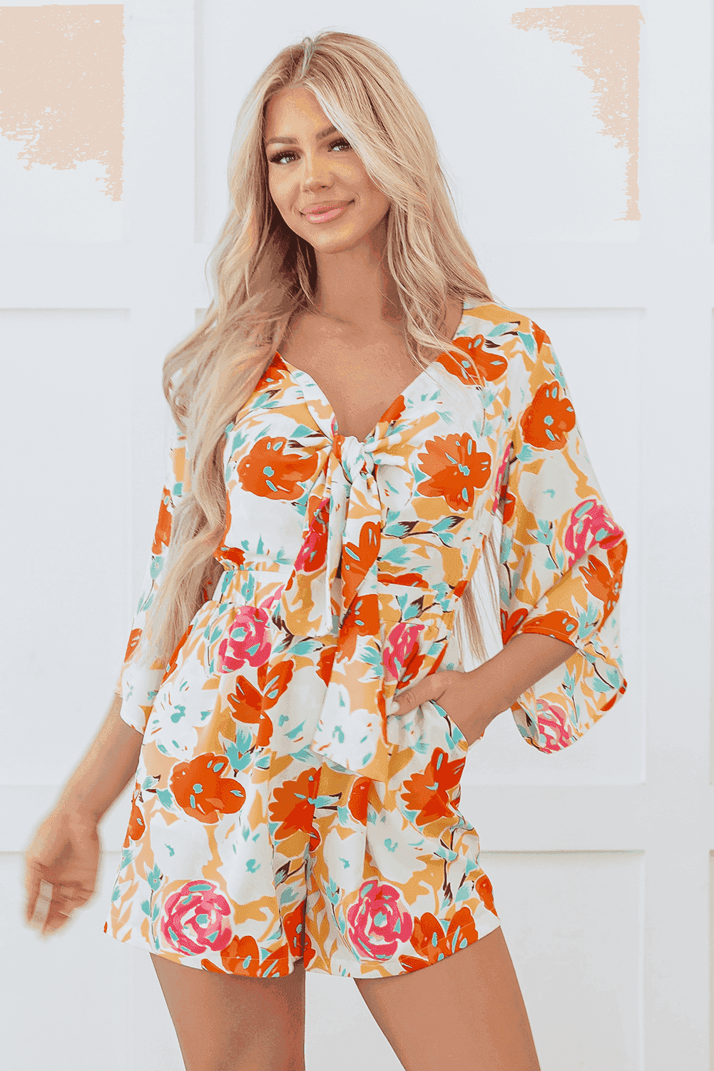 Colorful Vacation Romper with Bow Front and Flowy Sleeves | Jumpsuits & Rompers