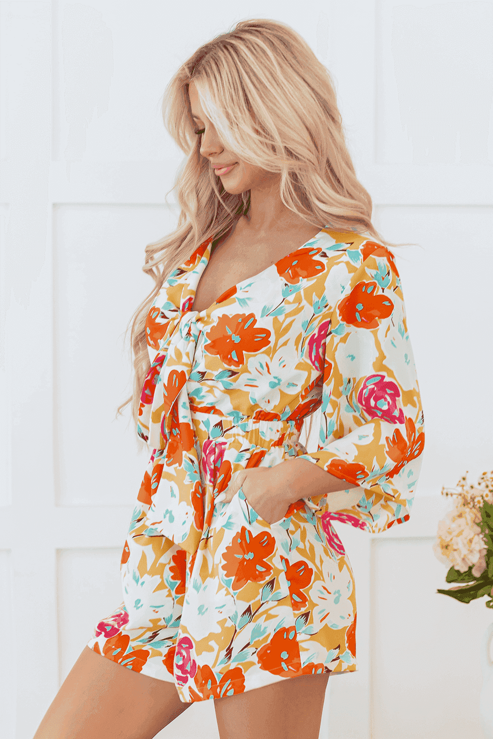 Colorful Vacation Romper with Bow Front and Flowy Sleeves | Jumpsuits & Rompers