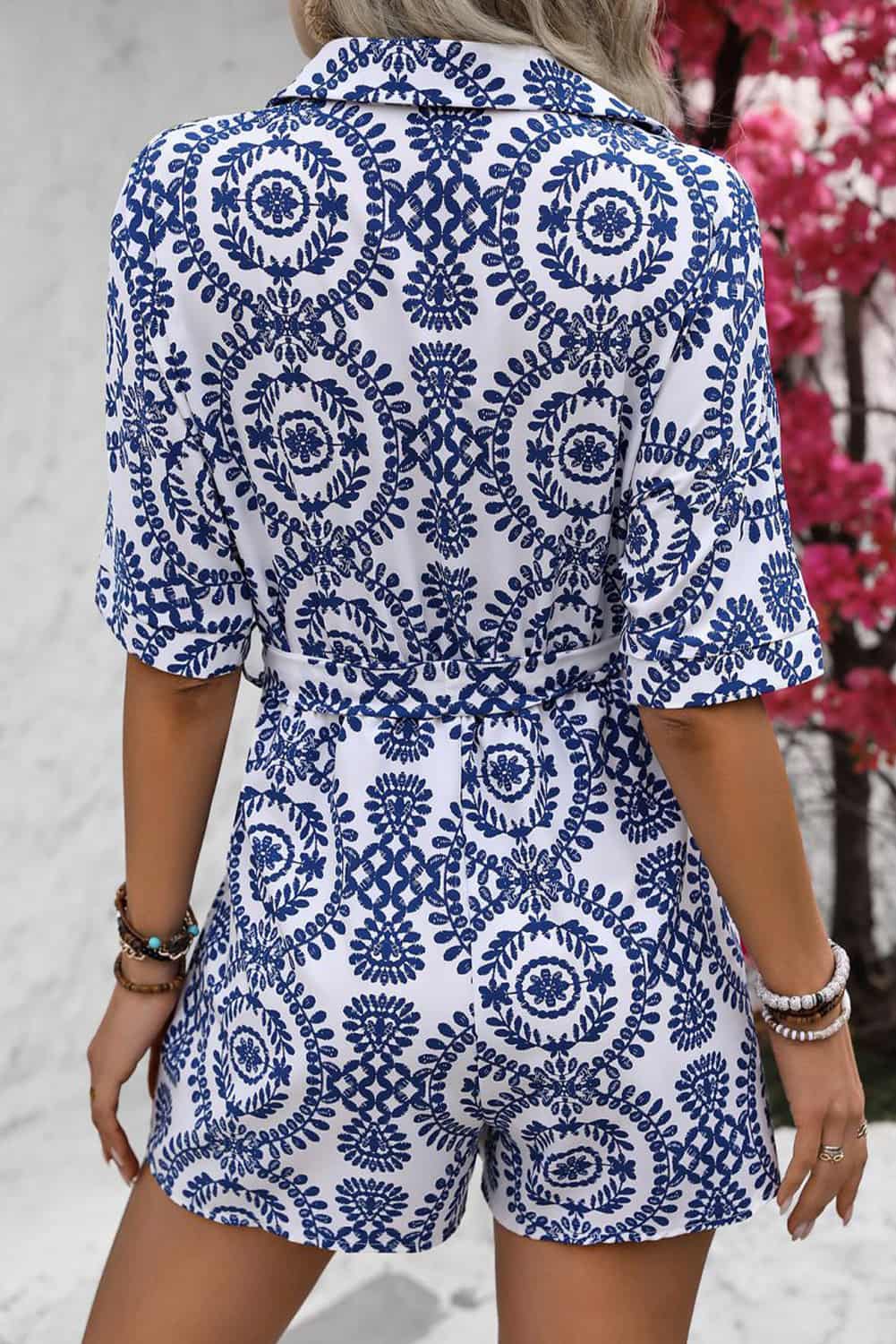 Blue Floral Mandala Romper with Belted Waist and Shirt Collar | Jumpsuits & Rompers