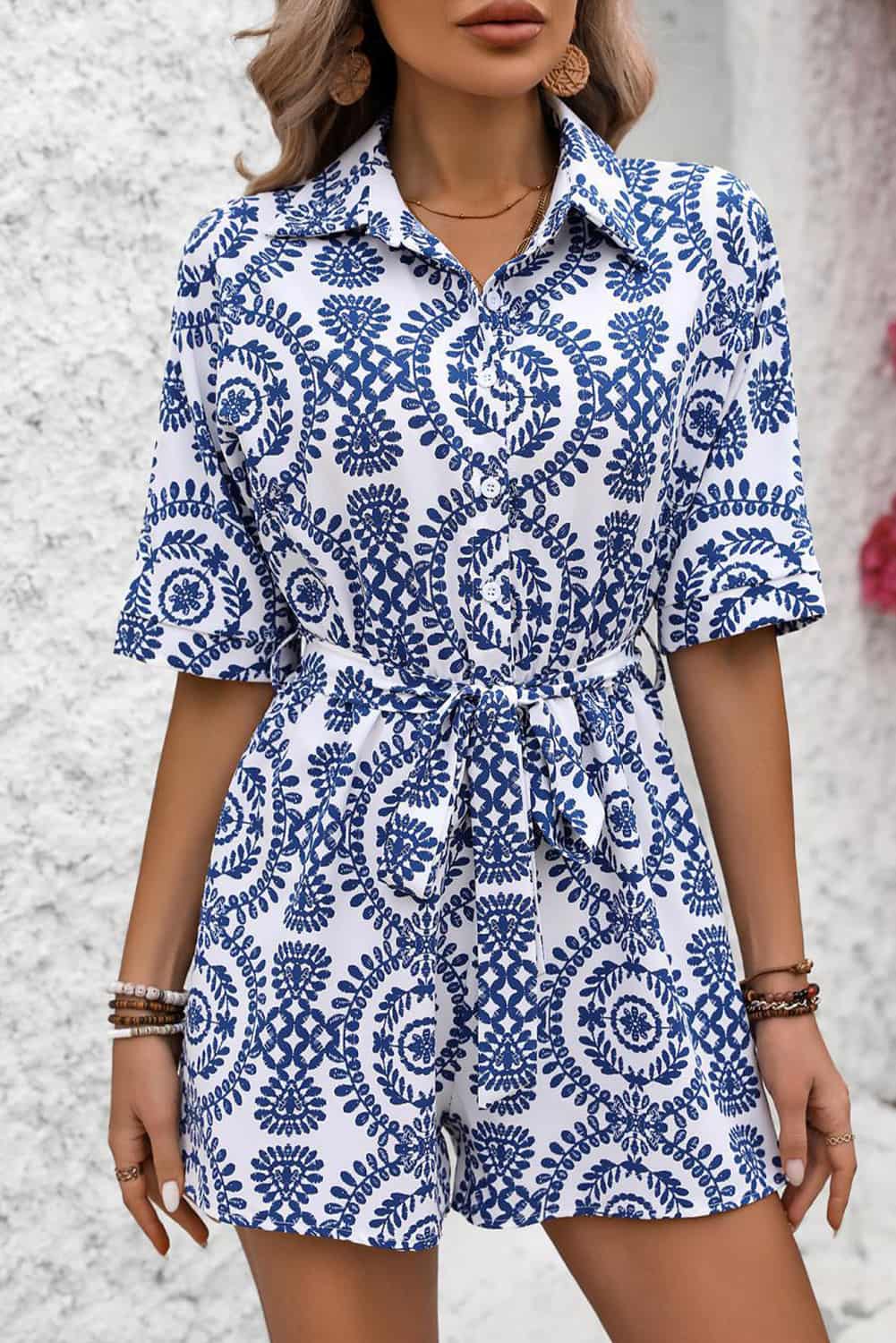 Blue Floral Mandala Romper with Belted Waist and Shirt Collar | Jumpsuits & Rompers