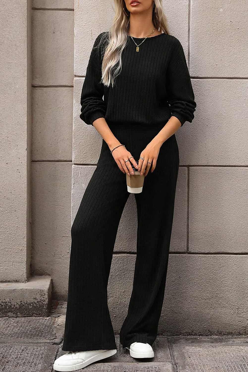 Wide-Leg Ribbed Knit Black Jumpsuit for Women’s Streetwear | Jumpsuits & Rompers