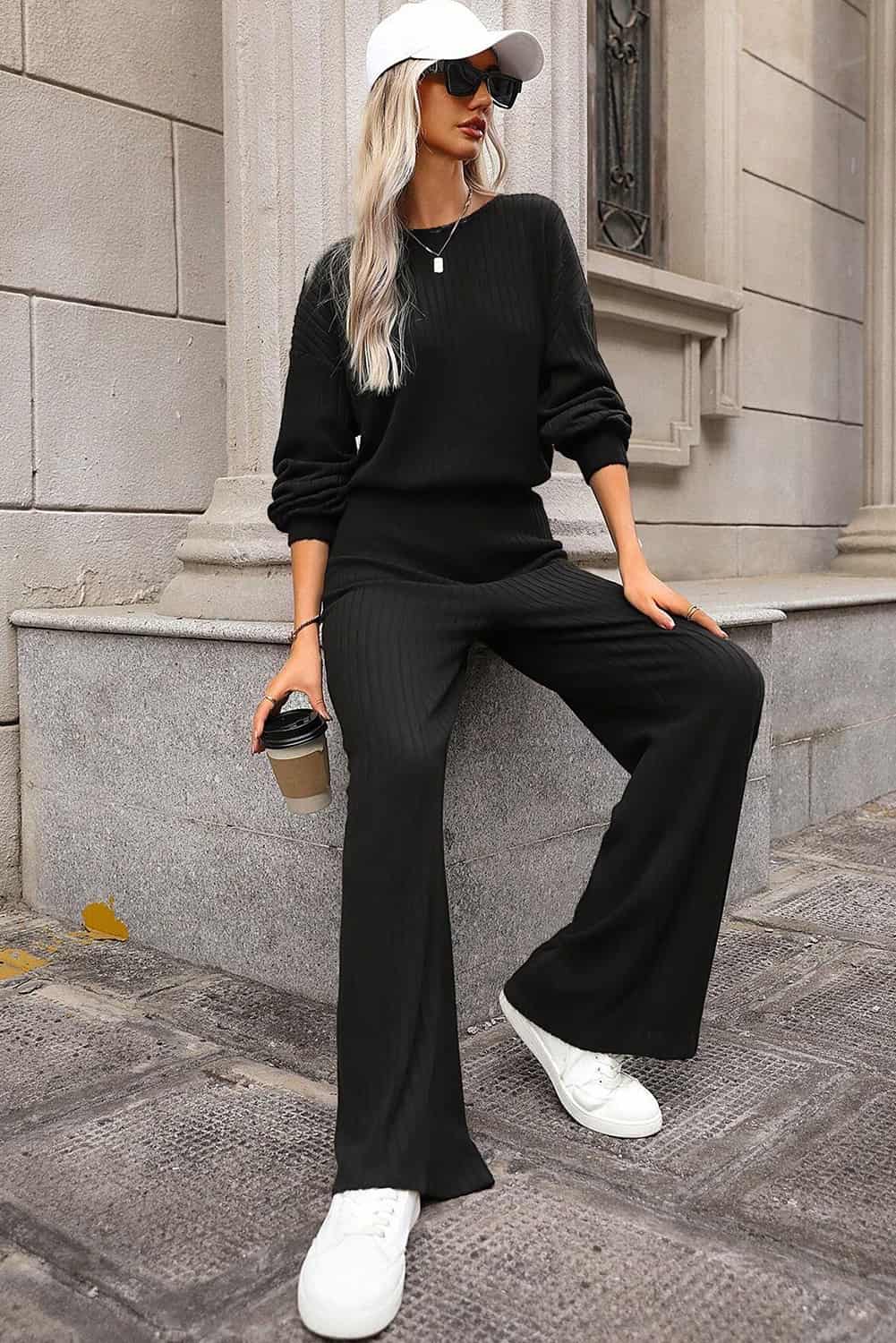 Wide-Leg Ribbed Knit Black Jumpsuit for Women’s Streetwear | Jumpsuits & Rompers