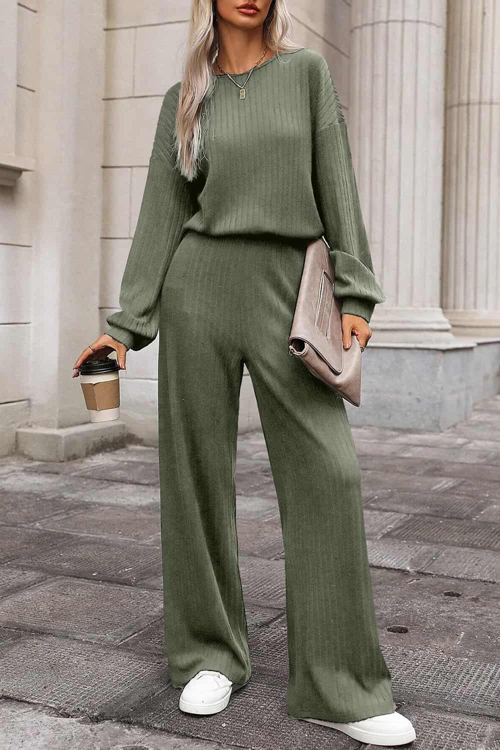 Wide-Leg Ribbed Knit Black Jumpsuit for Women’s Streetwear | Jumpsuits & Rompers