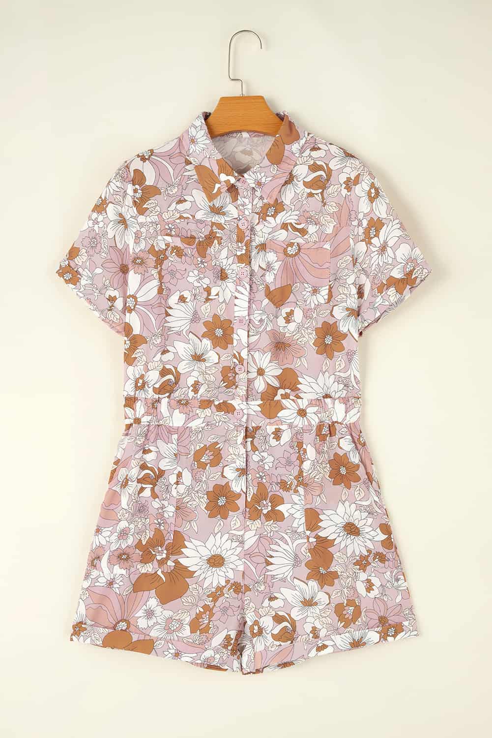 Peach Floral Button Romper with Elastic Waist & Cuffed Hems | Jumpsuits & Rompers