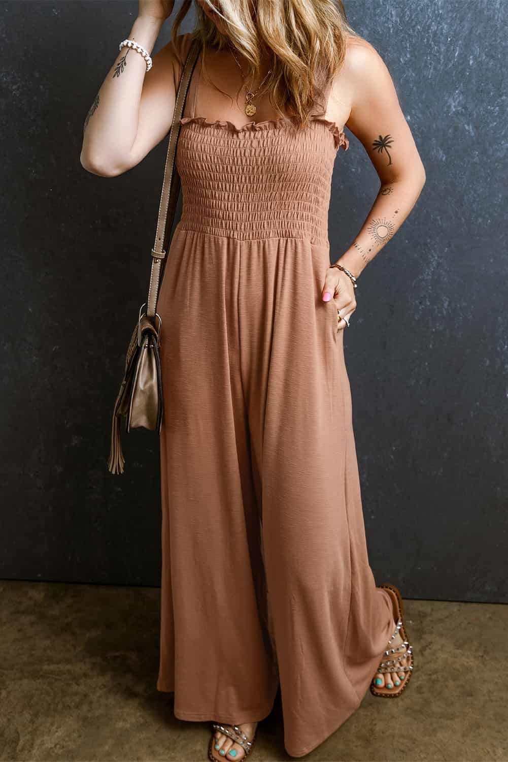 Bohemian Smocked Jumpsuit with Adjustable Straps | Jumpsuits & Rompers
