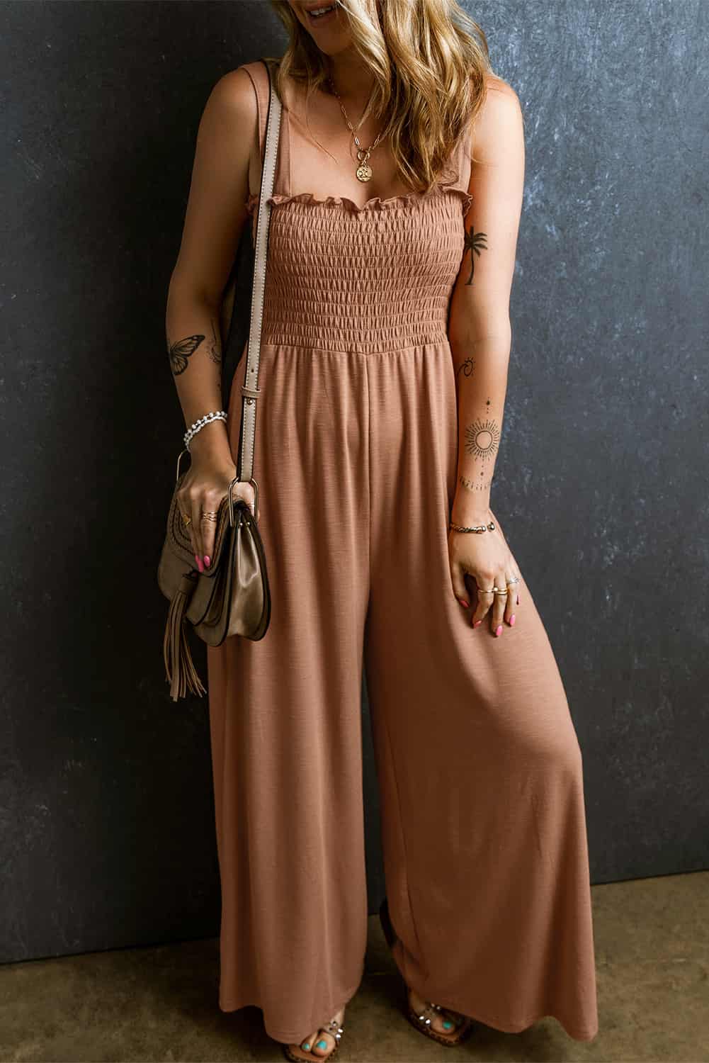 Bohemian Smocked Jumpsuit with Adjustable Straps | Jumpsuits & Rompers