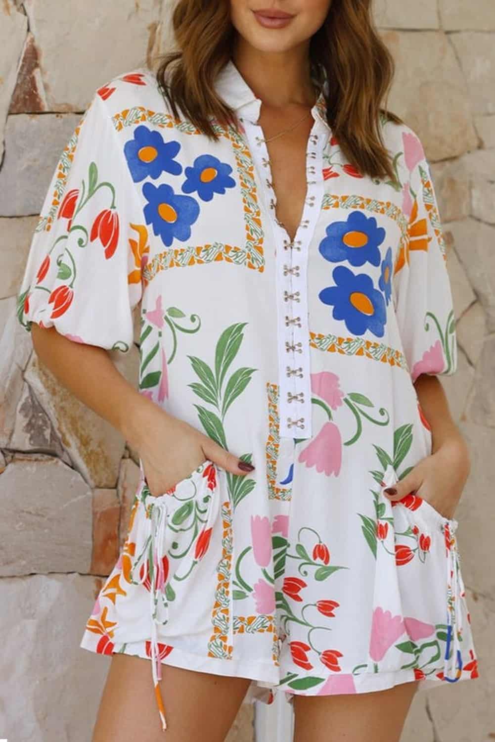 Botanical Print Romper with Drawstring Pockets