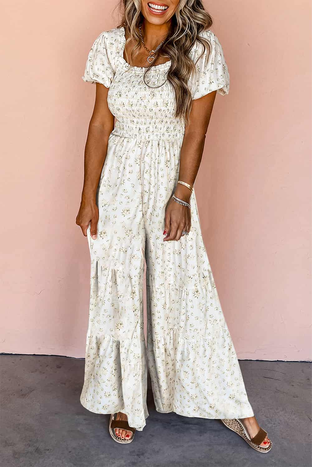 Square Neck Boho Floral Jumpsuit with Tiered Wide-Leg | Jumpsuits & Rompers