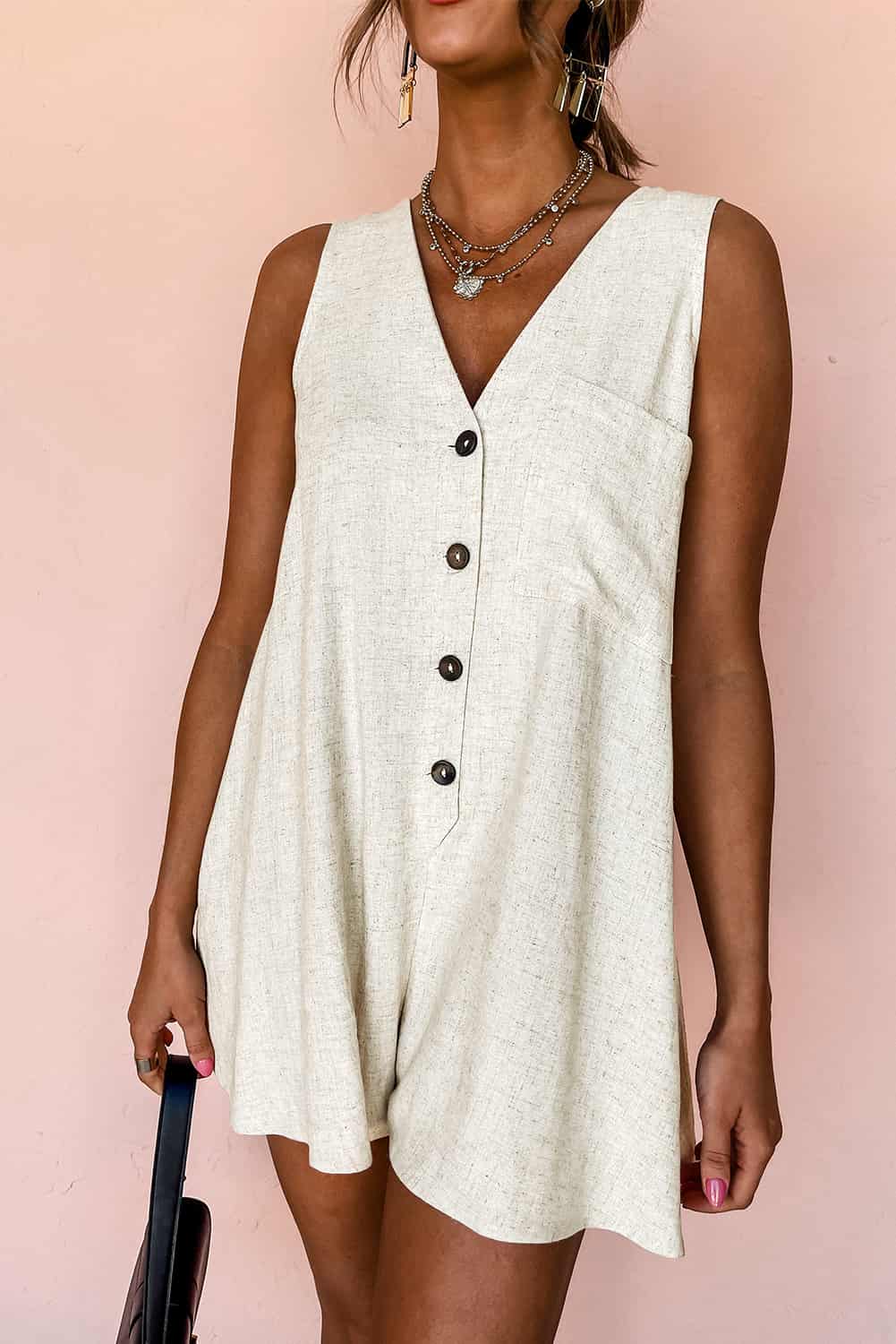 Textured Linen-Blend Sleeveless Romper with Pocket