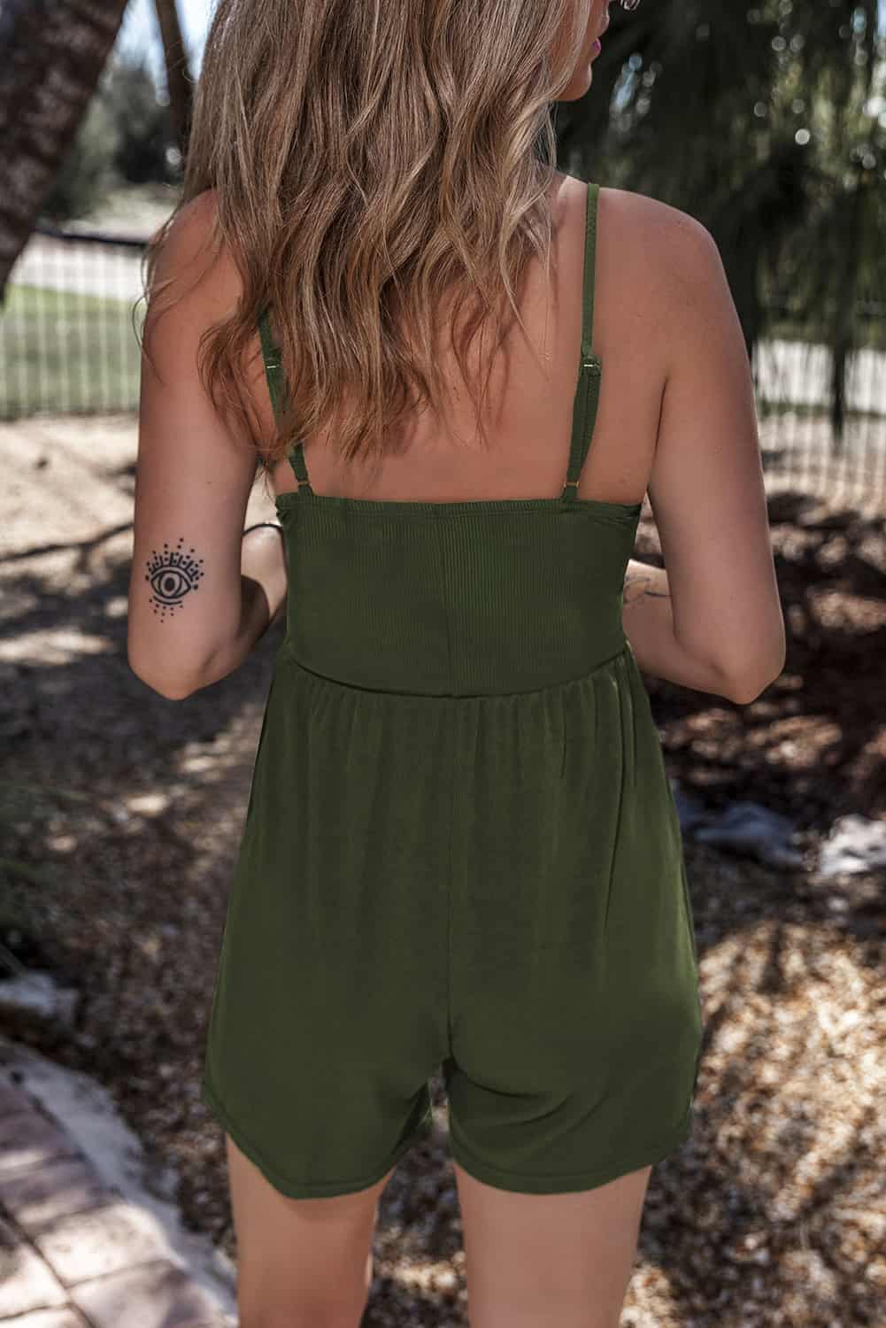 Olive Green Ribbed Playsuit with V-Neck for Summer Days | Jumpsuits & Rompers