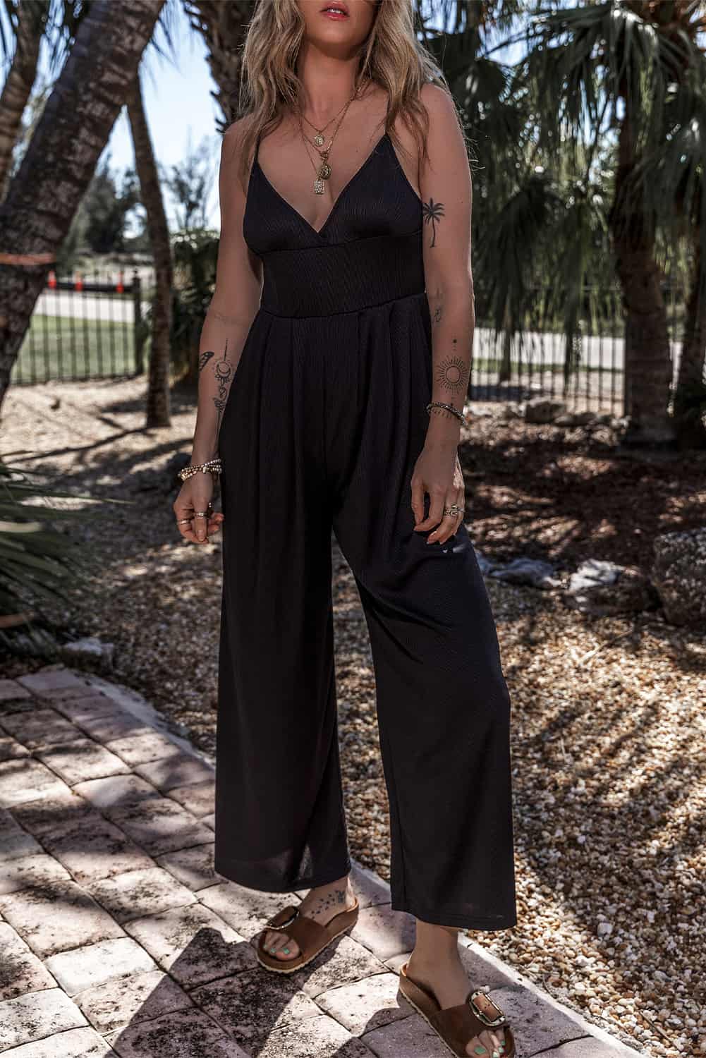 V-Neck Black Wide-Leg Jumpsuit with Spaghetti Straps | Jumpsuits & Rompers
