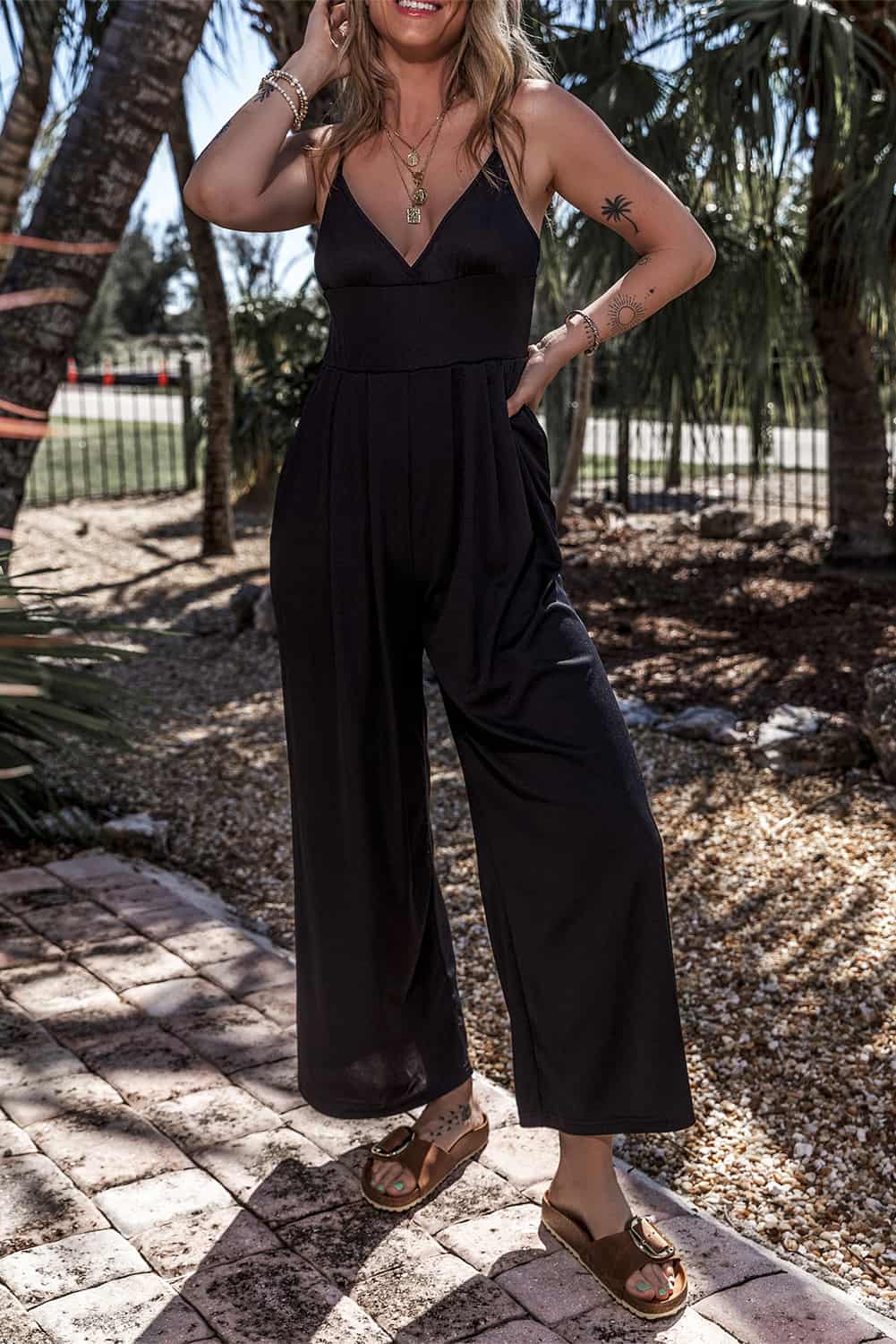 V-Neck Black Wide-Leg Jumpsuit with Spaghetti Straps | Jumpsuits & Rompers