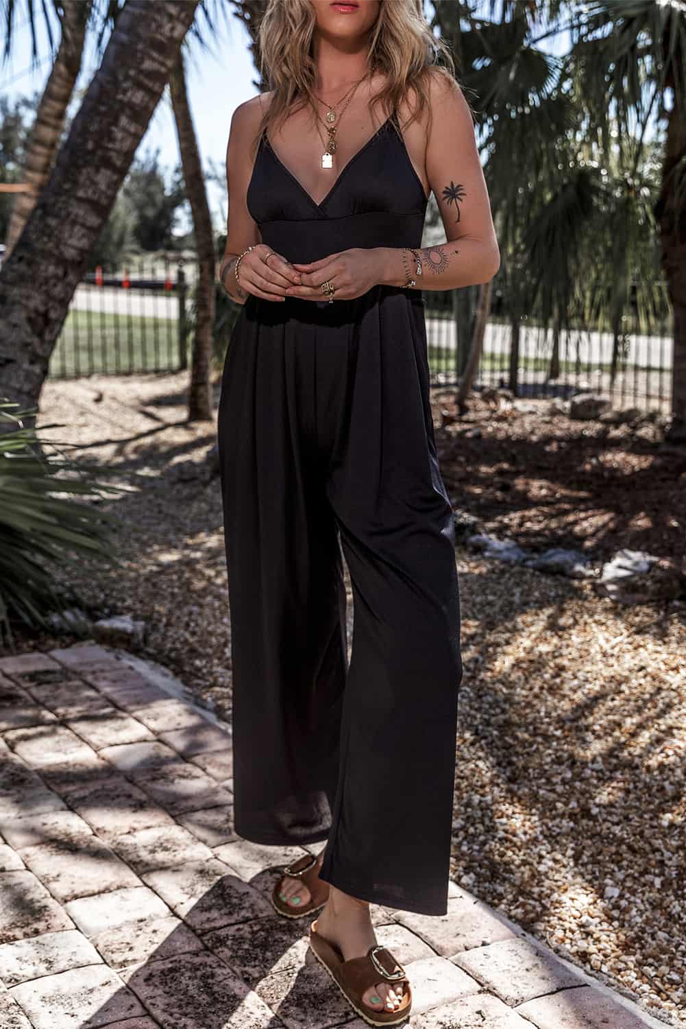 V-Neck Black Wide-Leg Jumpsuit with Spaghetti Straps | Jumpsuits & Rompers