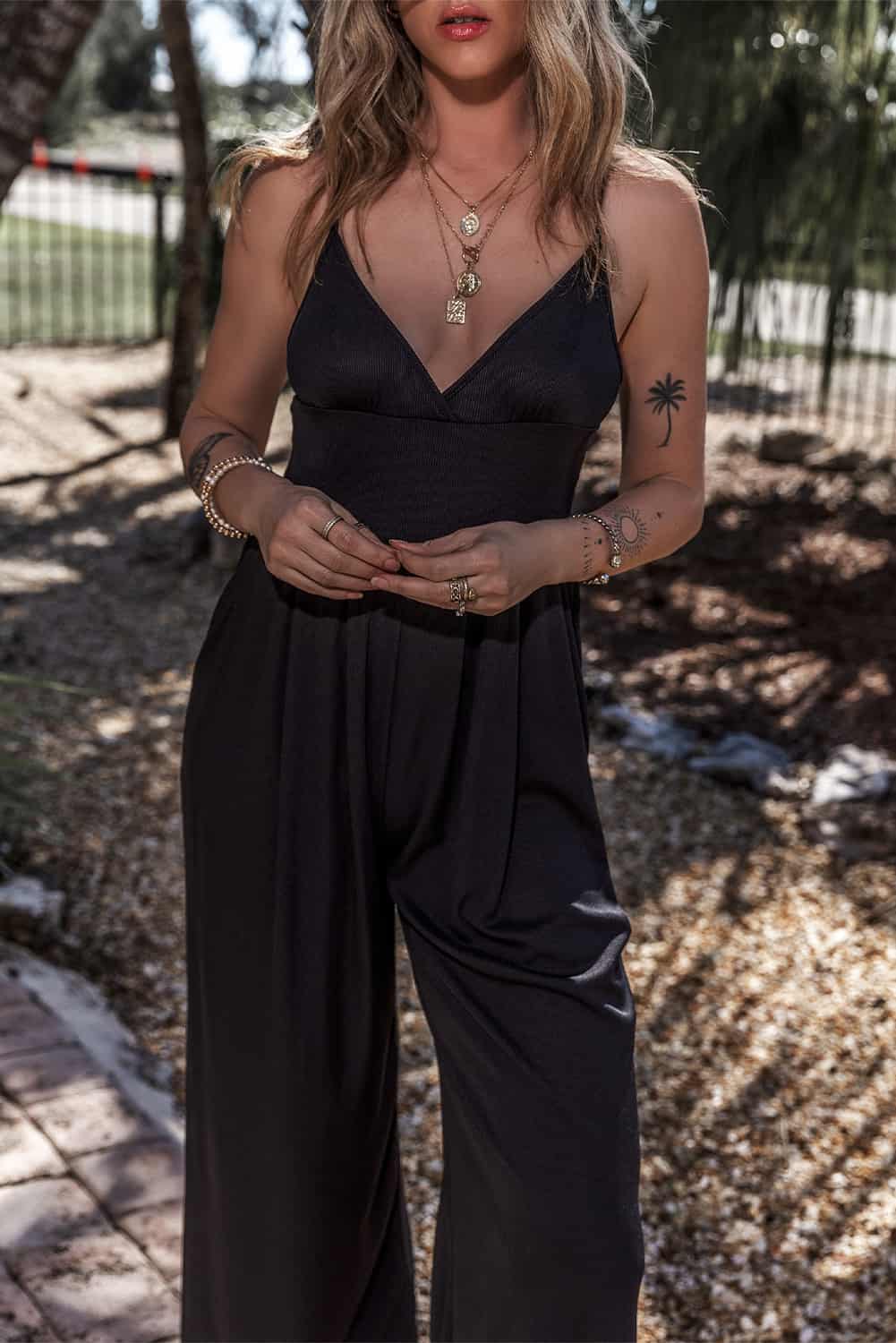 V-Neck Black Wide-Leg Jumpsuit with Spaghetti Straps | Jumpsuits & Rompers
