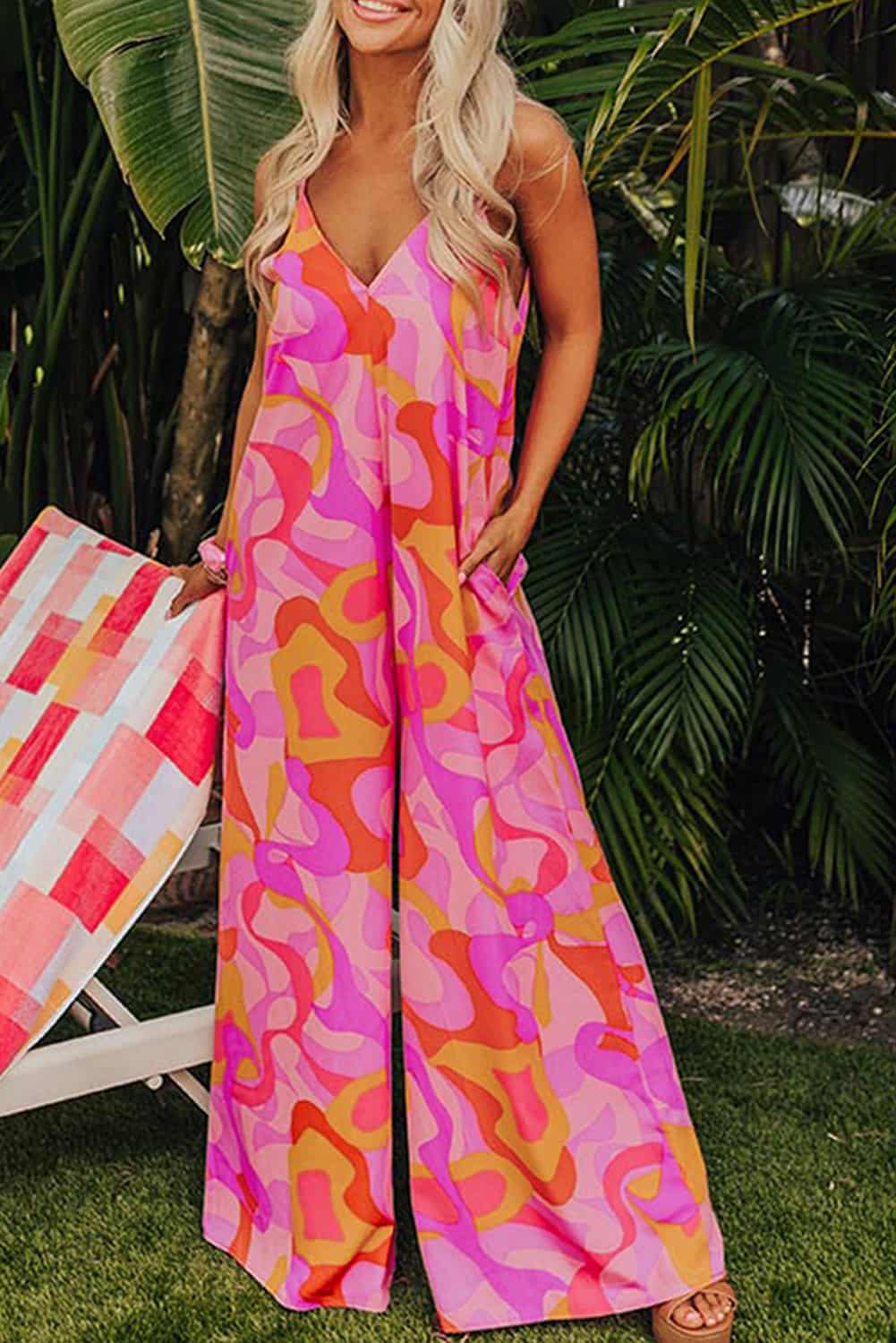 Retro Pink & Orange Bohemian Print Jumpsuit with Cami Straps | Jumpsuits & Rompers