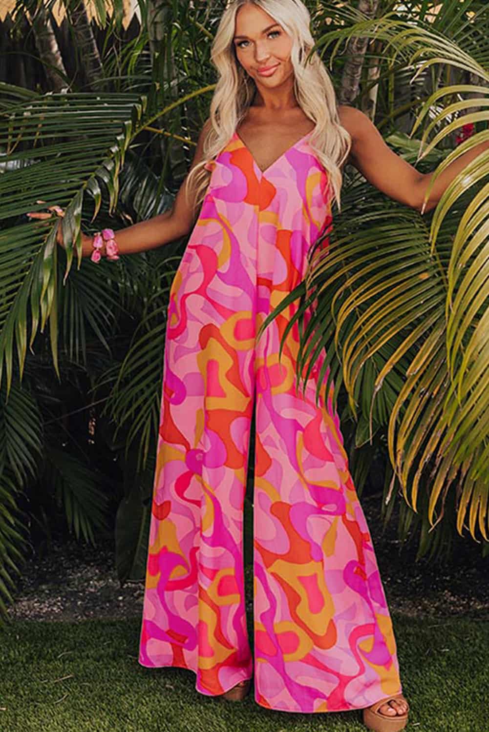 Retro Pink & Orange Bohemian Print Jumpsuit with Cami Straps | Jumpsuits & Rompers