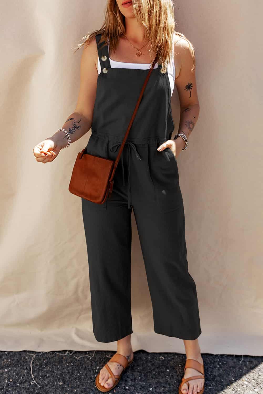 Cropped Overalls with Adjustable Straps – Linen Utility Jumpsuit | Jumpsuits & Rompers