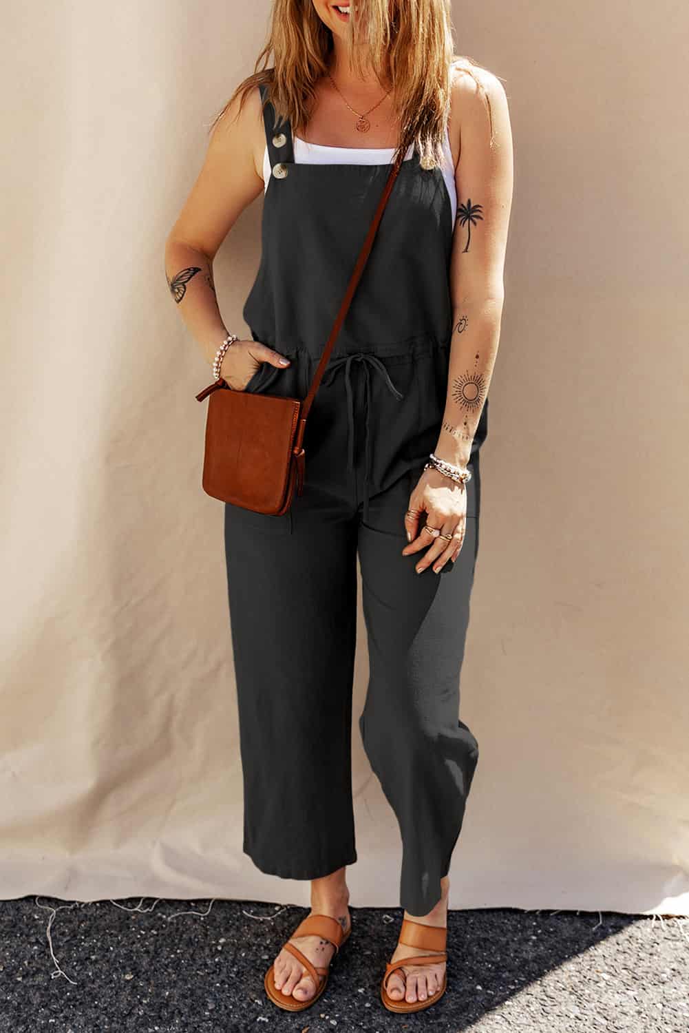Cropped Overalls with Adjustable Straps – Linen Utility Jumpsuit | Jumpsuits & Rompers