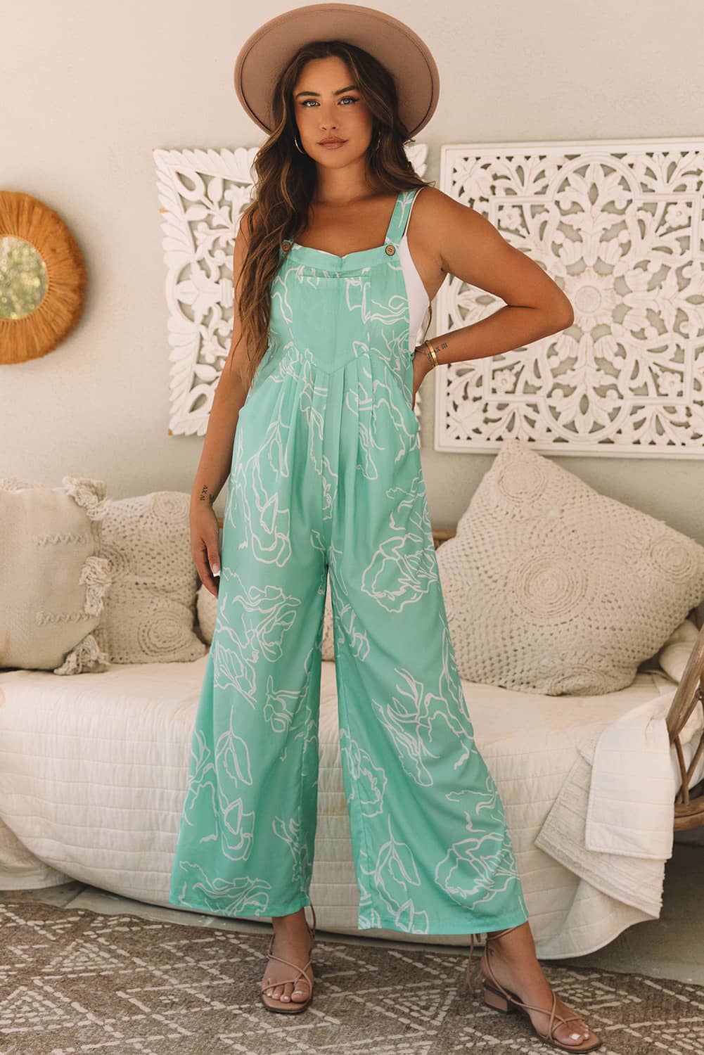 Relaxed Mint Green Floral Bib Jumpsuit for Summer Days | Jumpsuits & Rompers