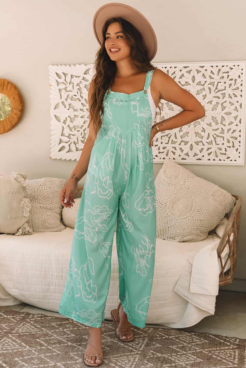 Relaxed Mint Green Floral Bib Jumpsuit for Summer Days | Jumpsuits & Rompers