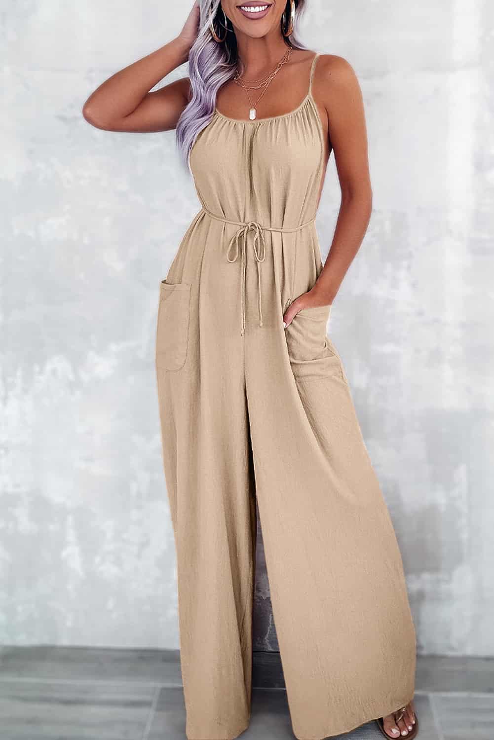 Neutral Beige Wide-Leg Jumpsuit with Open Back and Tie Waist | Jumpsuits & Rompers