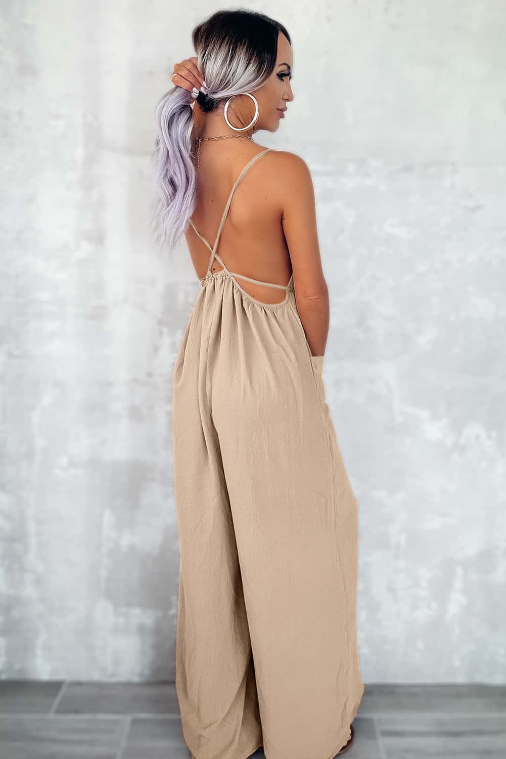 Neutral Beige Wide-Leg Jumpsuit with Open Back and Tie Waist | Jumpsuits & Rompers