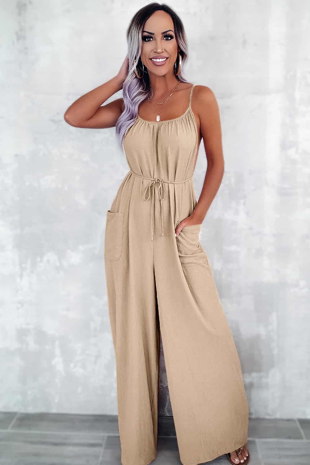 Neutral Beige Wide-Leg Jumpsuit with Open Back and Tie Waist | Jumpsuits & Rompers