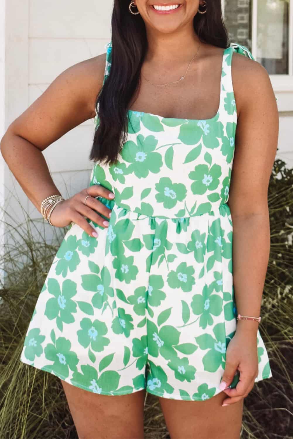 Green Floral Print Romper with Knotted Shoulder Ties