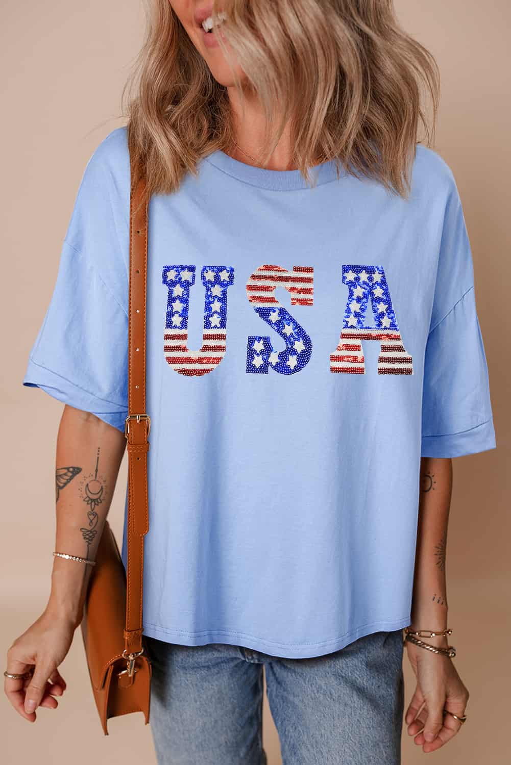 Patriotic USA T-Shirt with Rhinestone Stars for Women