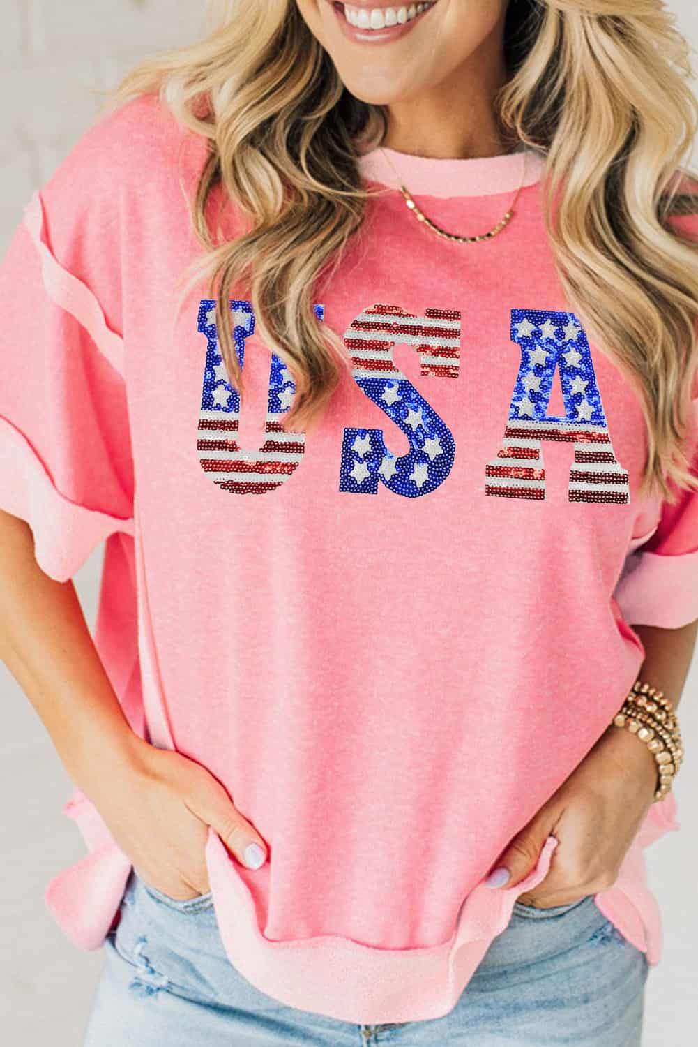 USA Rhinestone Flag Graphic Tee in Pink for Summer Events