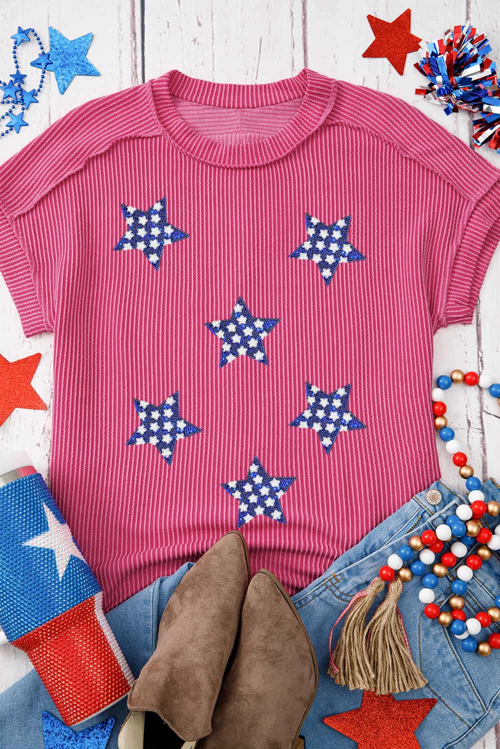 Corded Knit Tee with Gingham Stars – July 4th Casual Top