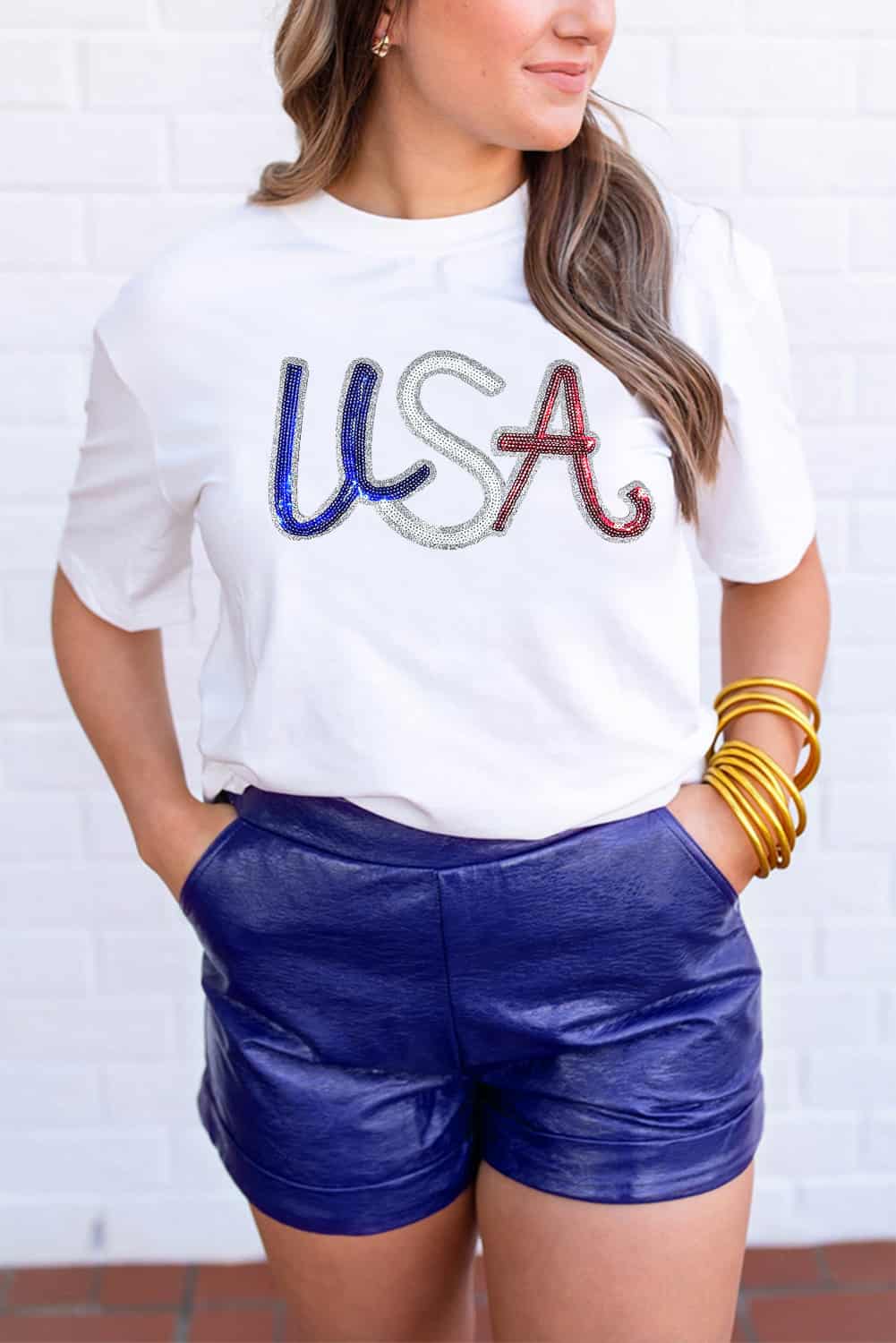 Women’s White Sequin USA T-Shirt for Memorial Day & Summer Events